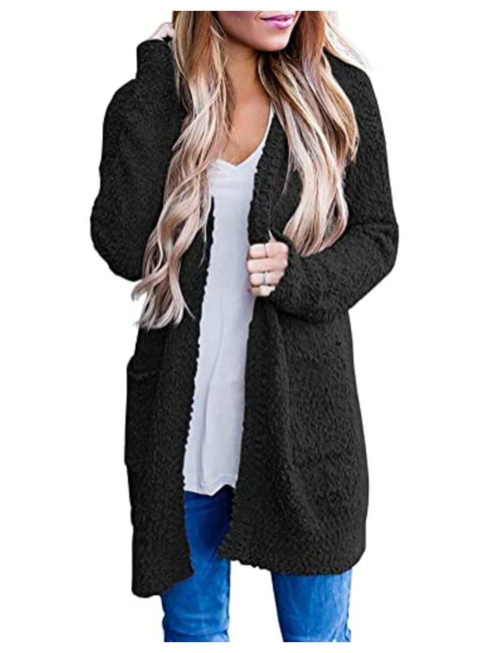 Womens Chunky Knit Long Cardigan Coat Open Front Sweater with Pockets